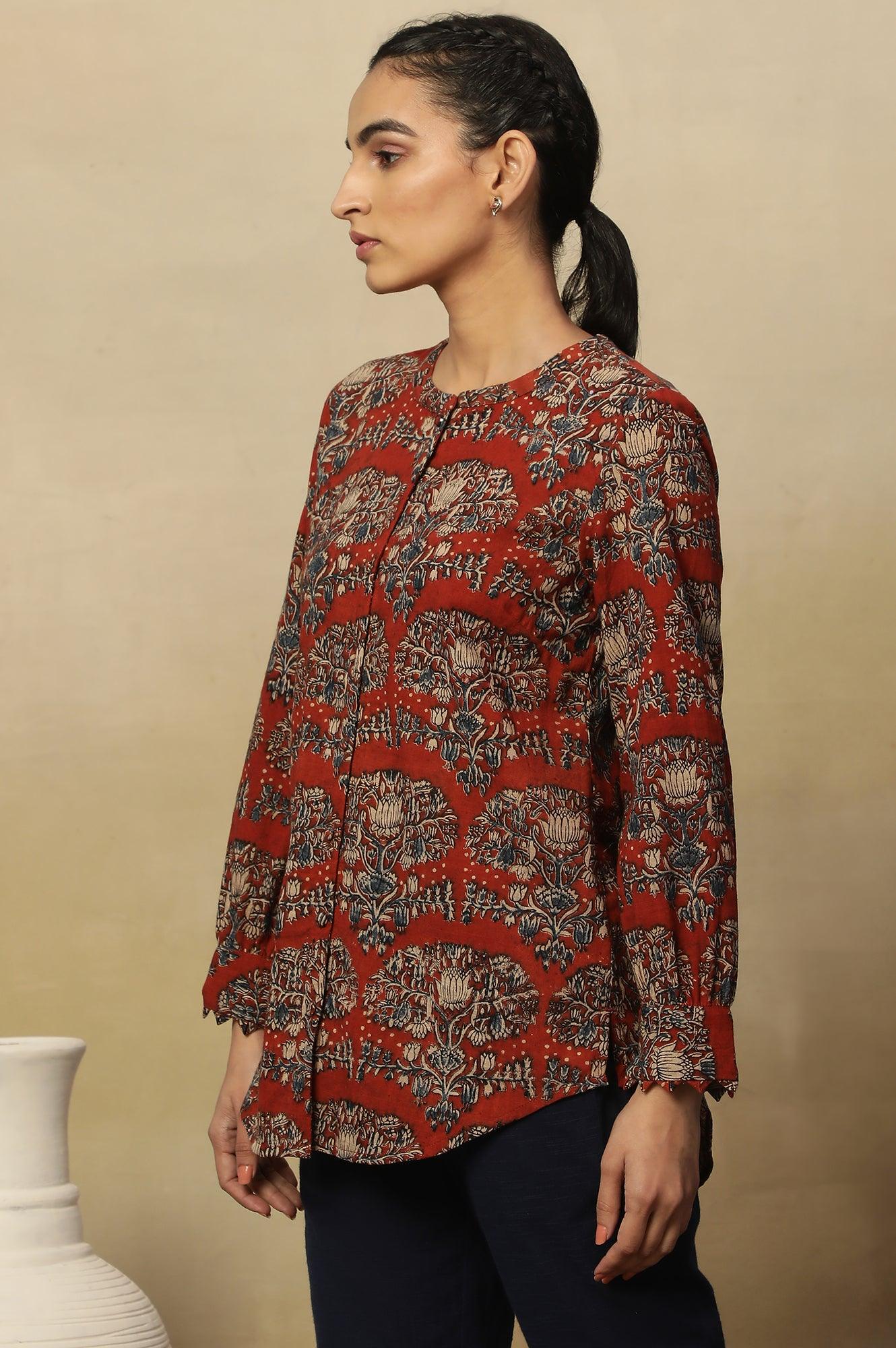 Brick Red Block Print Top In Cotton Slub - wforwoman