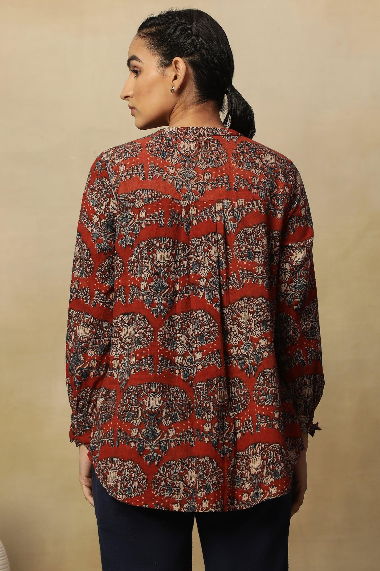 Brick Red Block Print Top In Cotton Slub - wforwoman