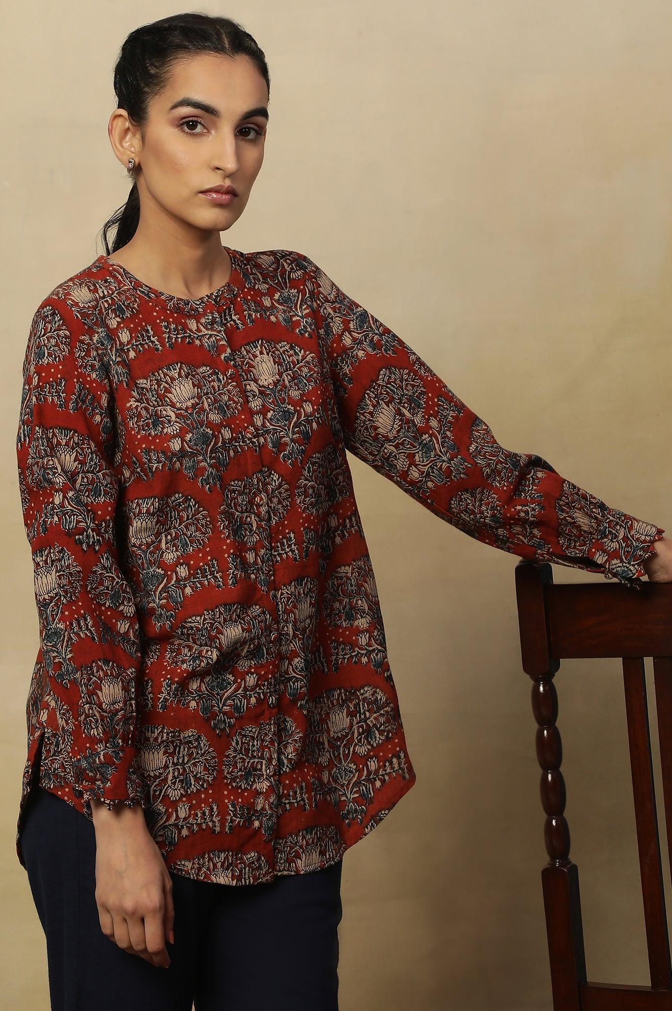 Brick Red Block Print Top In Cotton Slub - wforwoman