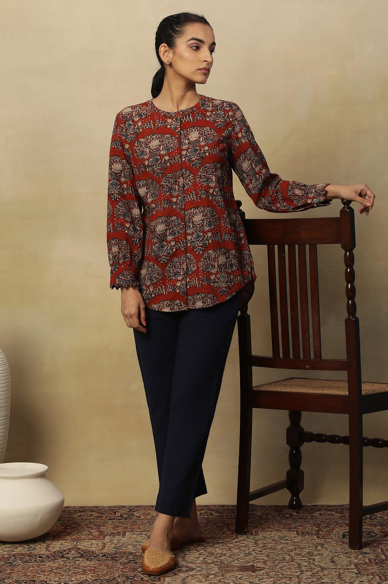 Brick Red Block Print Top In Cotton Slub - wforwoman