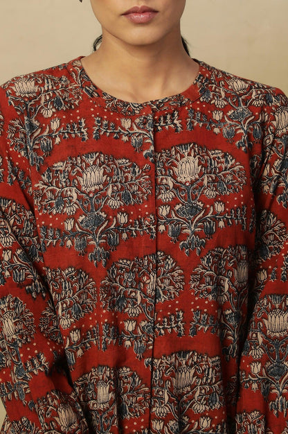 Brick Red Block Print Top In Cotton Slub - wforwoman