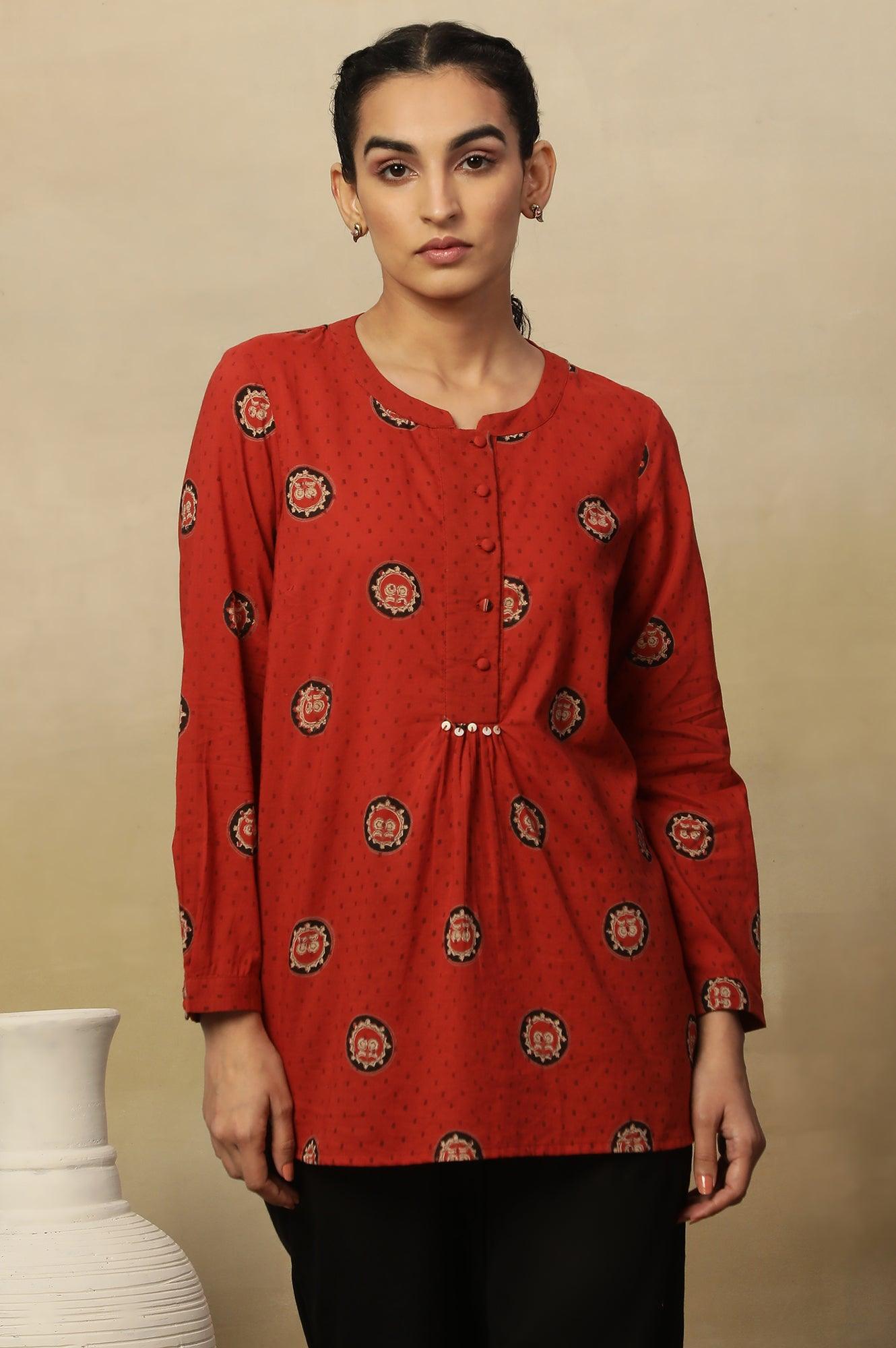 Red Block Print Top In Cotton Voile. - wforwoman