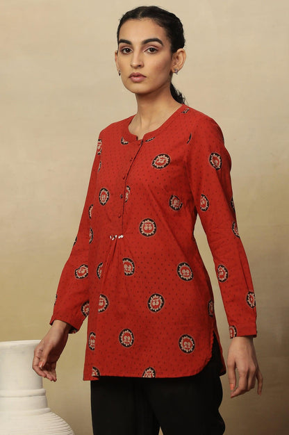 Red Block Print Top In Cotton Voile. - wforwoman