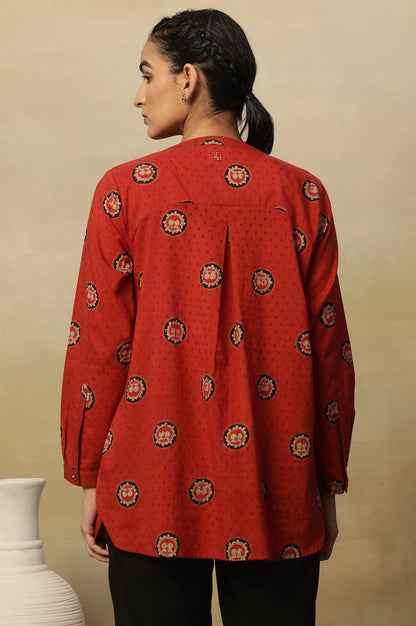 Red Block Print Top In Cotton Voile. - wforwoman