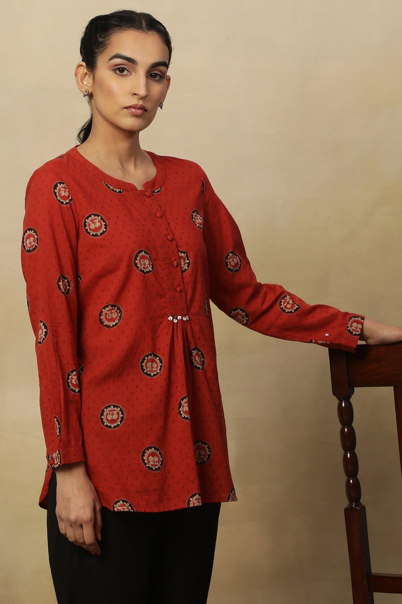 Red Block Print Top In Cotton Voile. - wforwoman