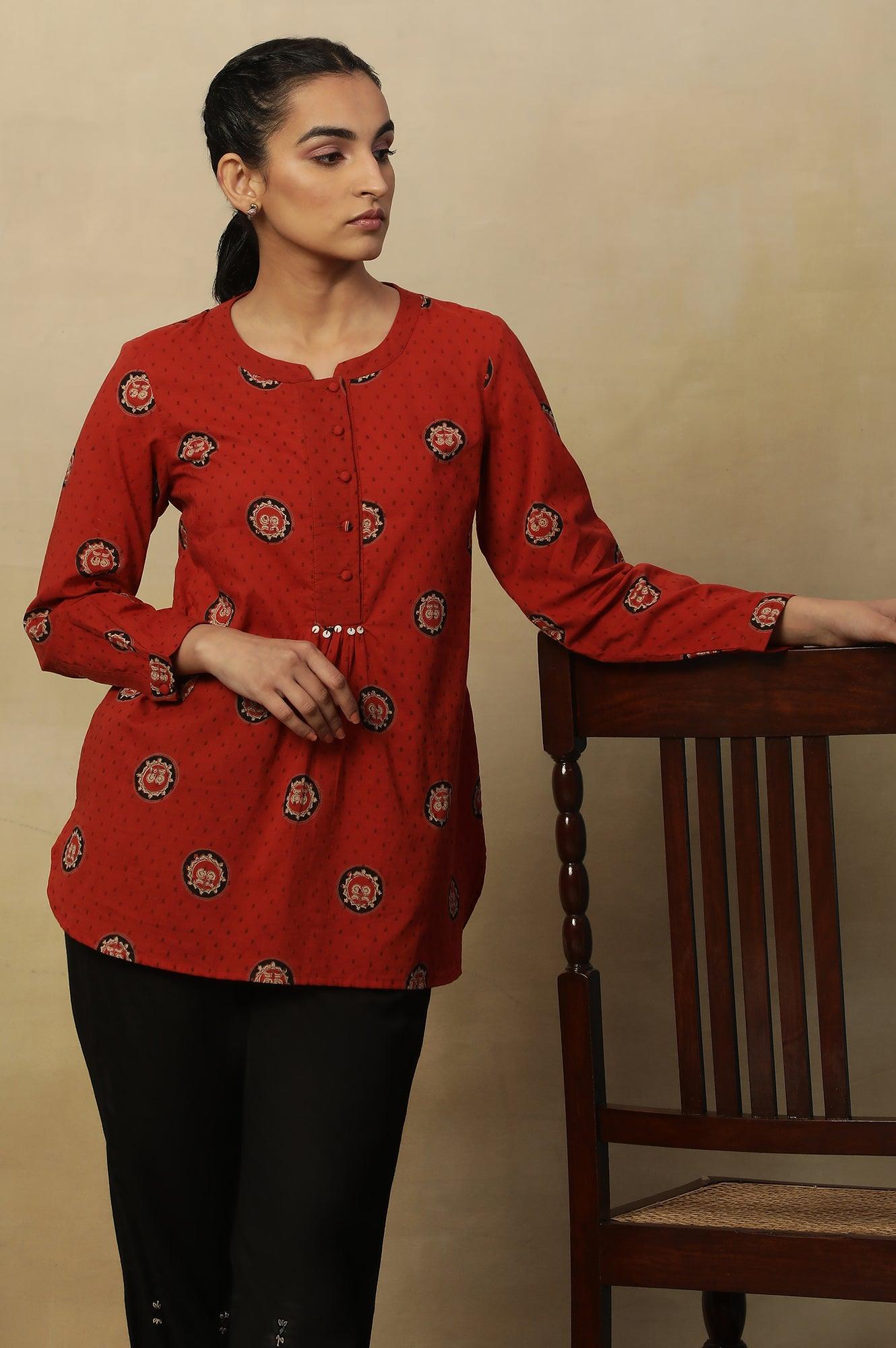 Red Block Print Top In Cotton Voile. - wforwoman