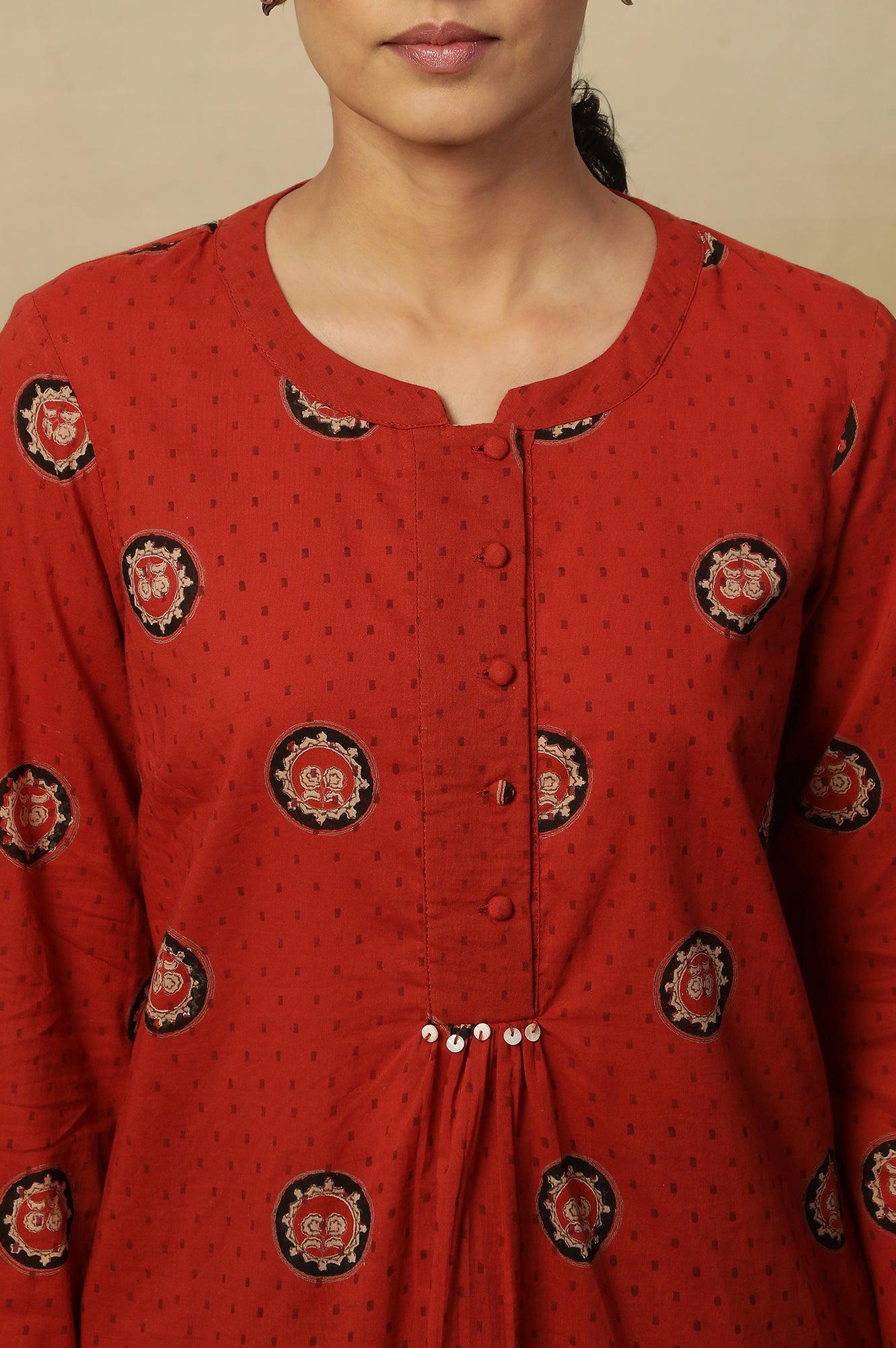 Red Block Print Top In Cotton Voile. - wforwoman