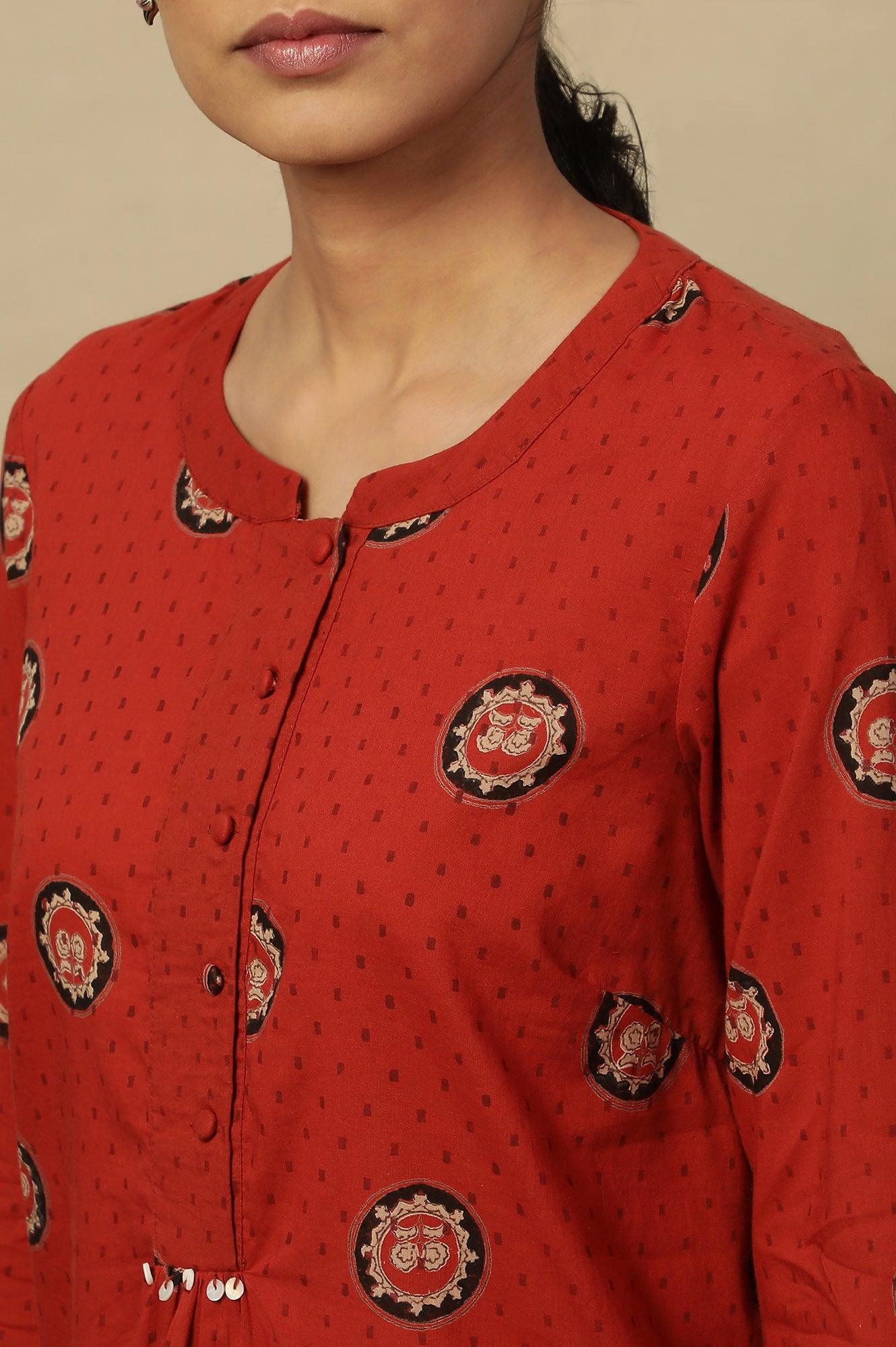 Red Block Print Top In Cotton Voile. - wforwoman