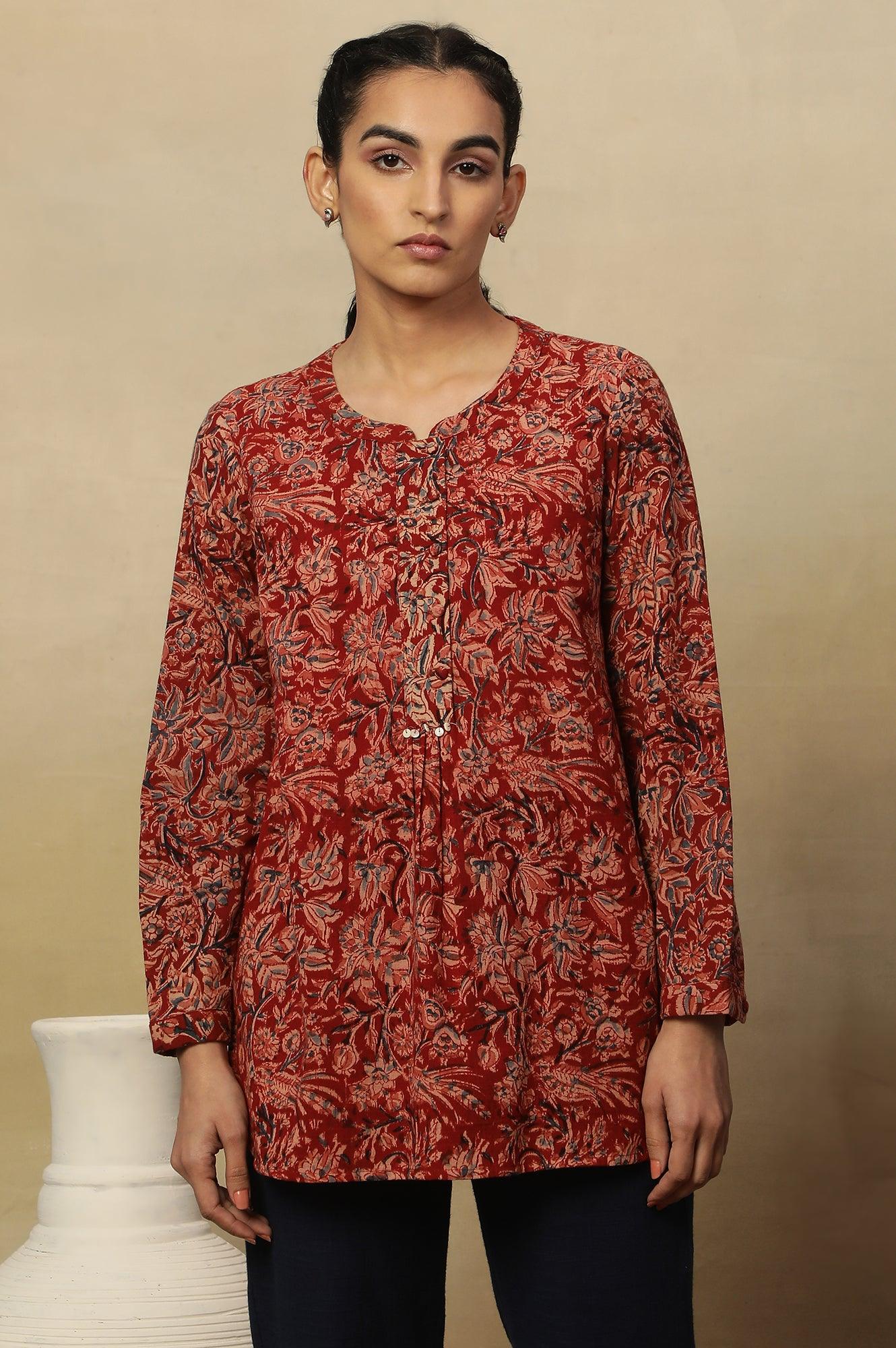 Barn Red Block Print Top In Cotton Slub - wforwoman