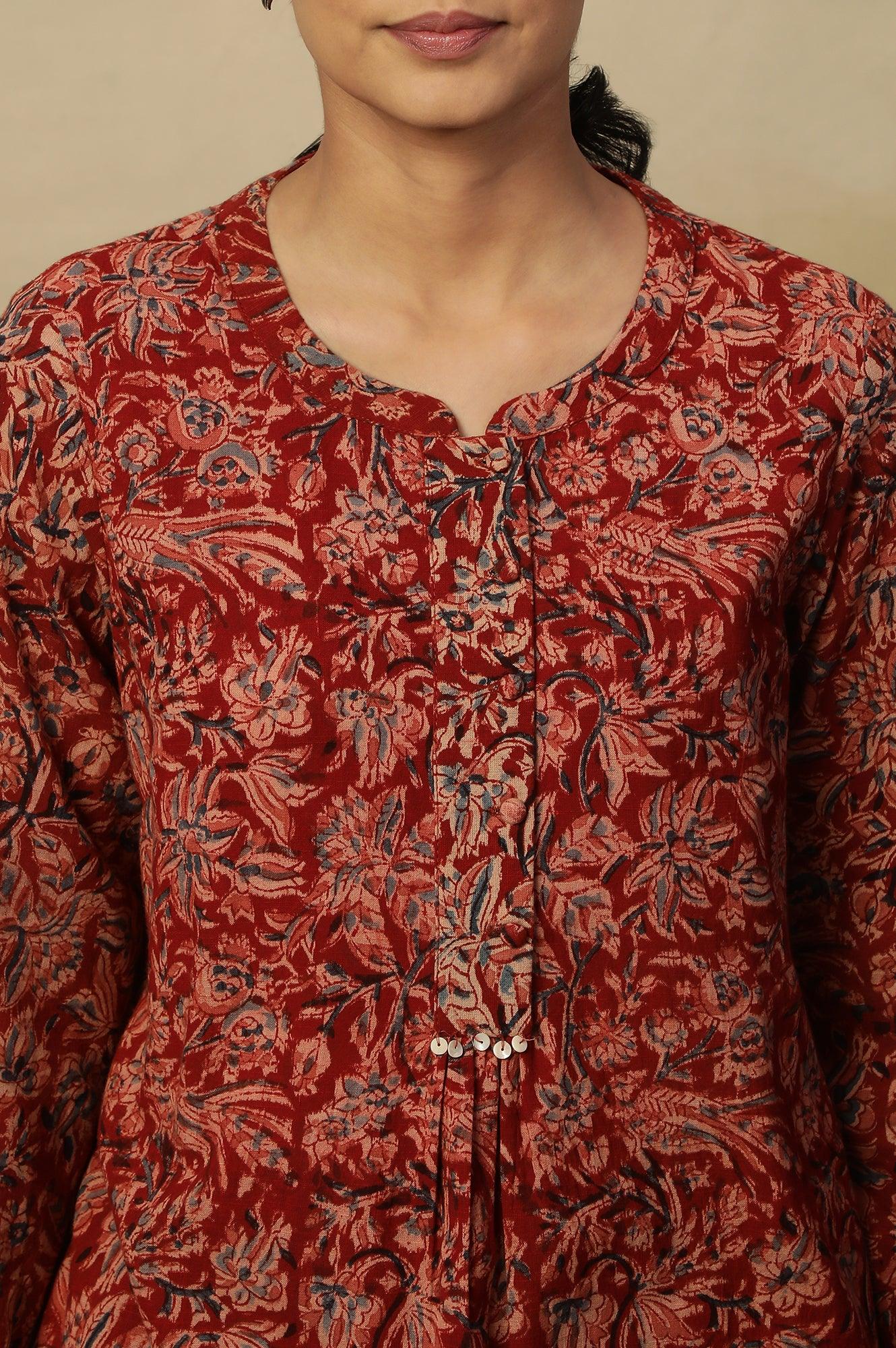 Barn Red Block Print Top In Cotton Slub - wforwoman