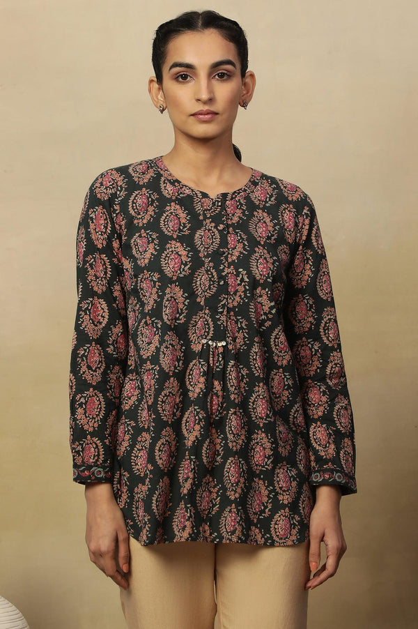 Dark Green Block Print Top In Cotton Voile