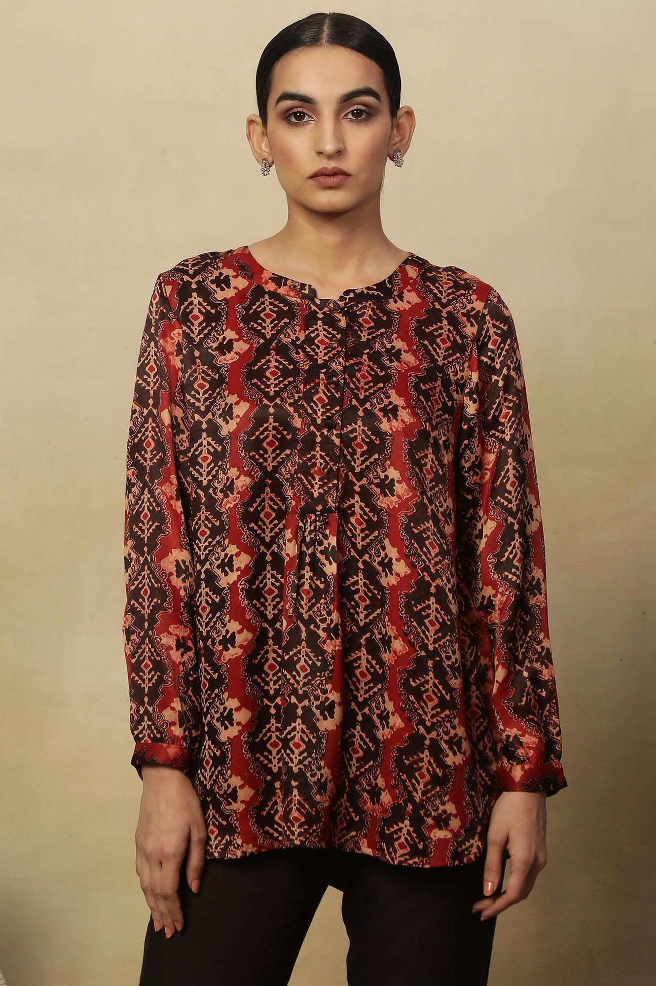 Red &amp; Black Ajrakh Print Top In Modal Satin - wforwoman