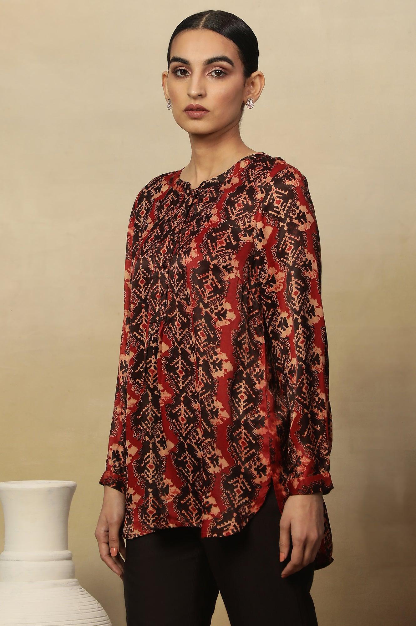 Red &amp; Black Ajrakh Print Top In Modal Satin - wforwoman