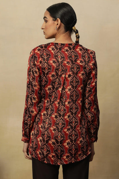 Red &amp; Black Ajrakh Print Top In Modal Satin - wforwoman