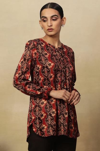 Red &amp; Black Ajrakh Print Top In Modal Satin - wforwoman