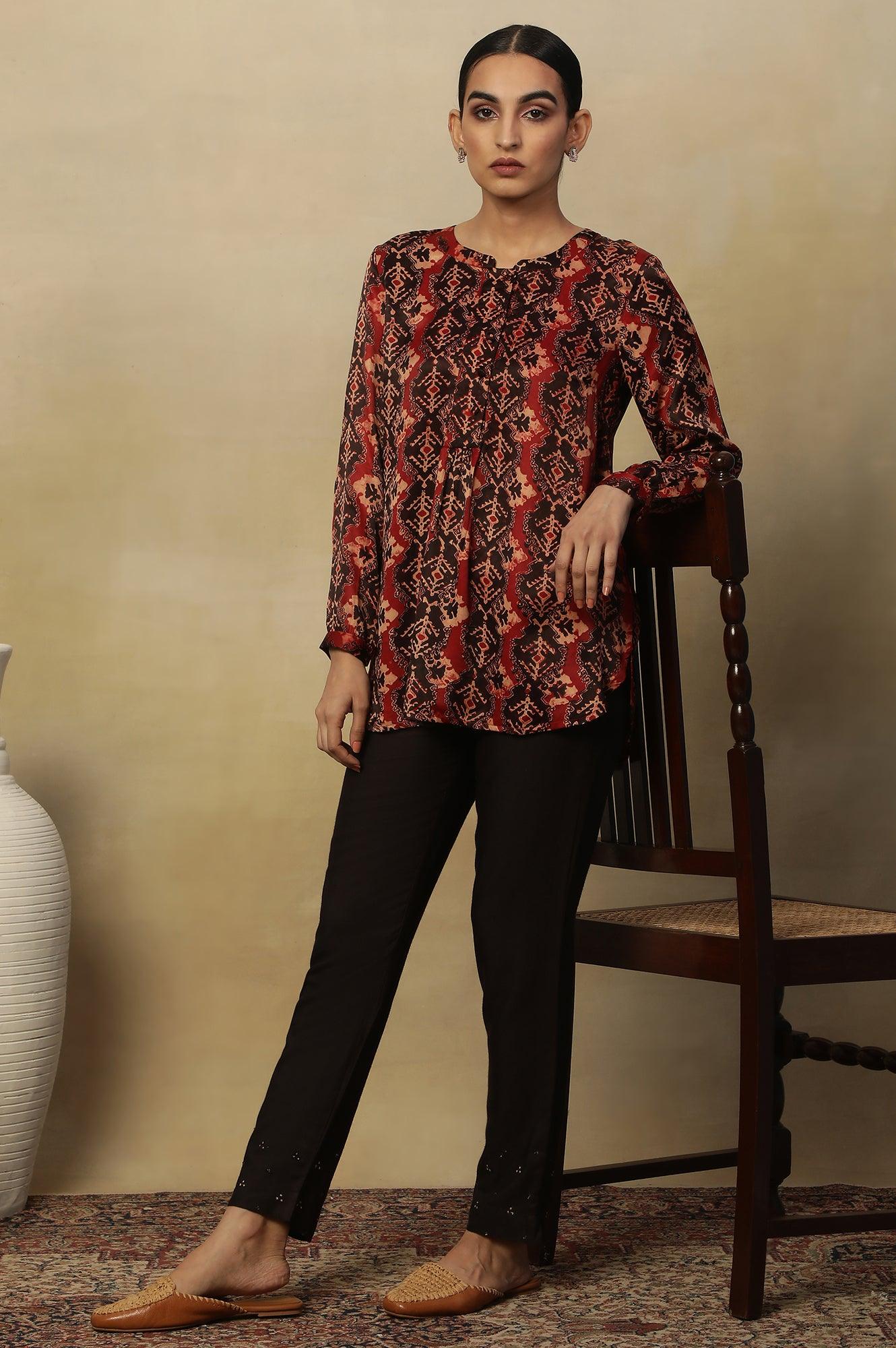 Red &amp; Black Ajrakh Print Top In Modal Satin - wforwoman