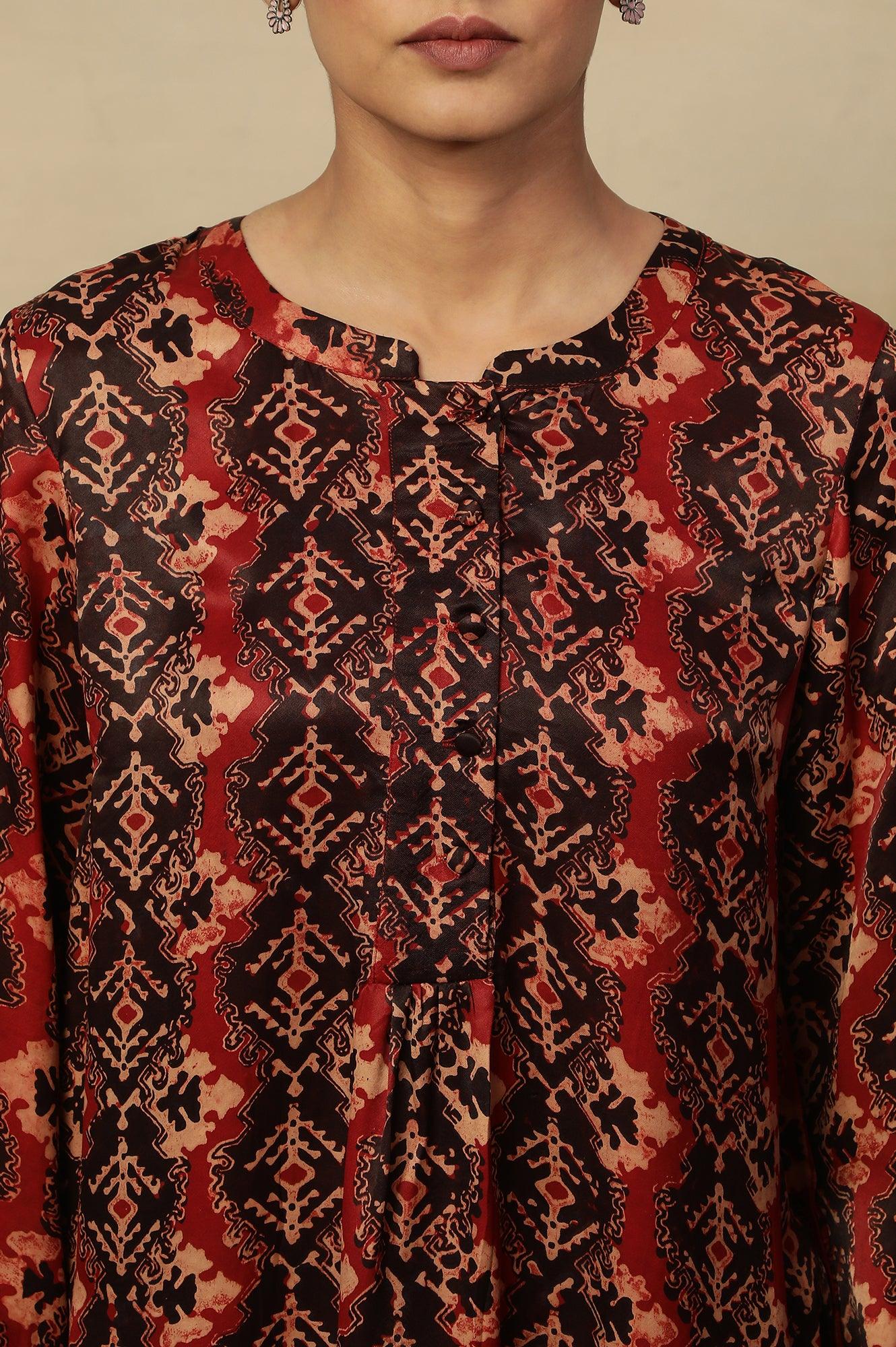 Red &amp; Black Ajrakh Print Top In Modal Satin - wforwoman