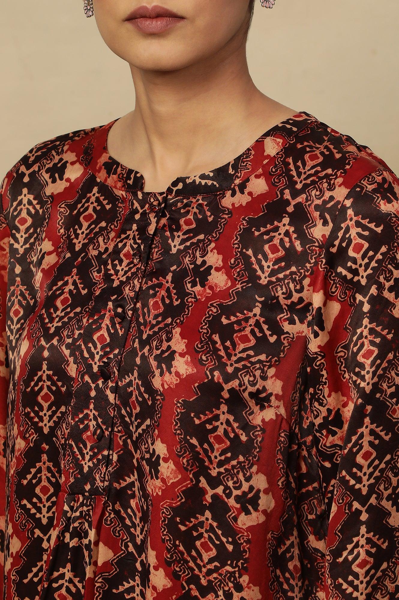 Red &amp; Black Ajrakh Print Top In Modal Satin - wforwoman