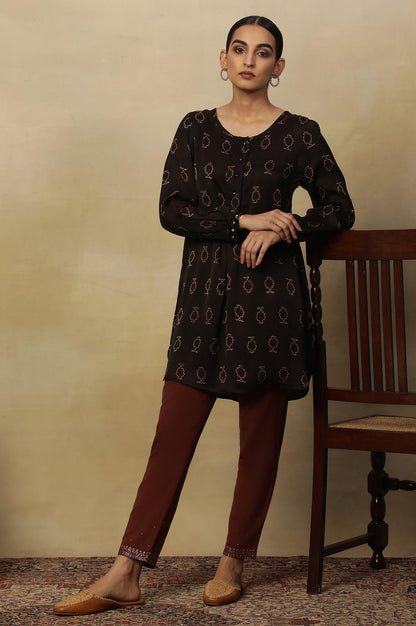 Black Ajrakh Print Long Top In Fluid Satin - wforwoman