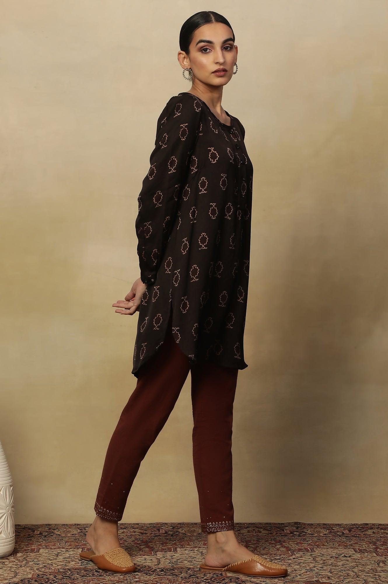 Black Ajrakh Print Long Top In Fluid Satin - wforwoman