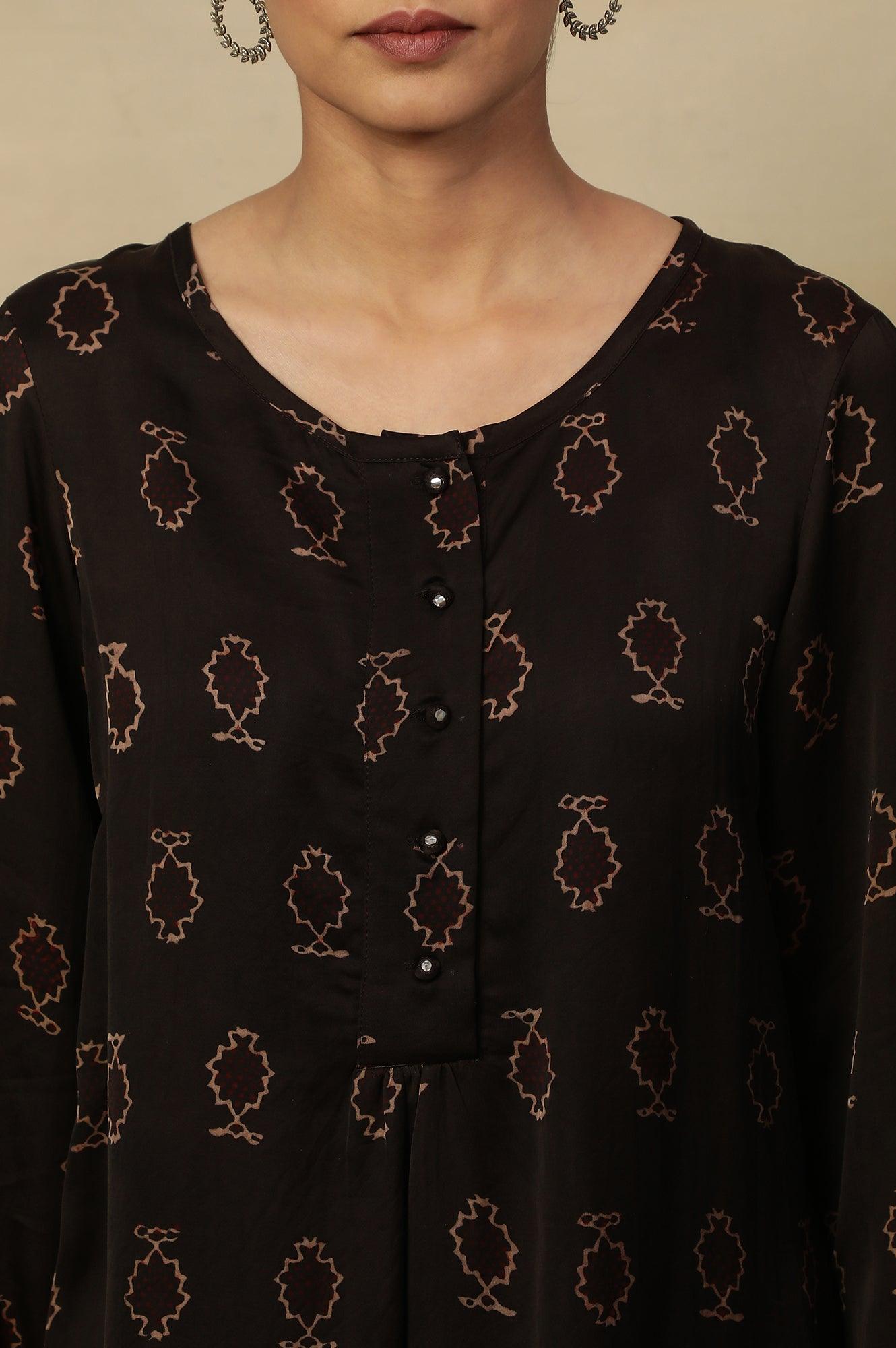 Black Ajrakh Print Long Top In Fluid Satin - wforwoman