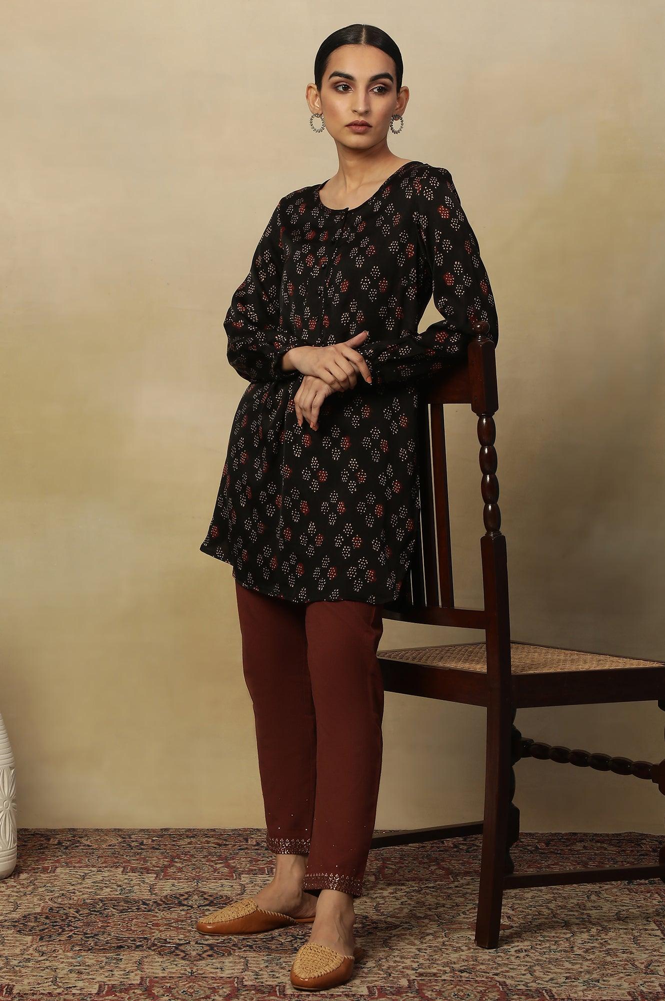 Black Ajrakh Dot Print Round Neck Long Top In Fluid Satin - wforwoman