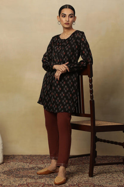 Black Ajrakh Dot Print Round Neck Long Top In Fluid Satin - wforwoman