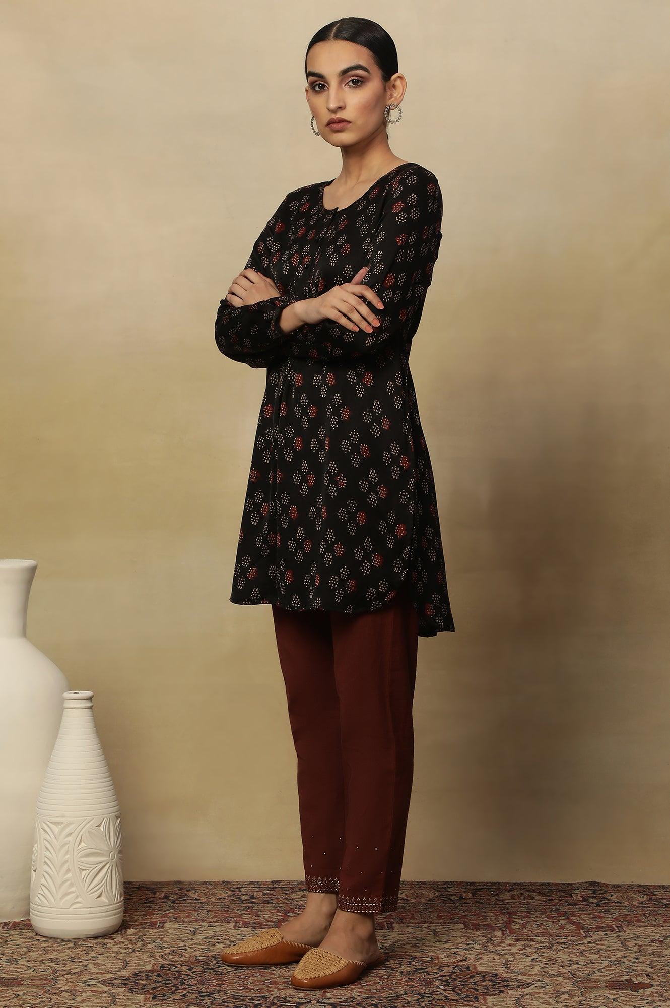 Black Ajrakh Dot Print Round Neck Long Top In Fluid Satin - wforwoman