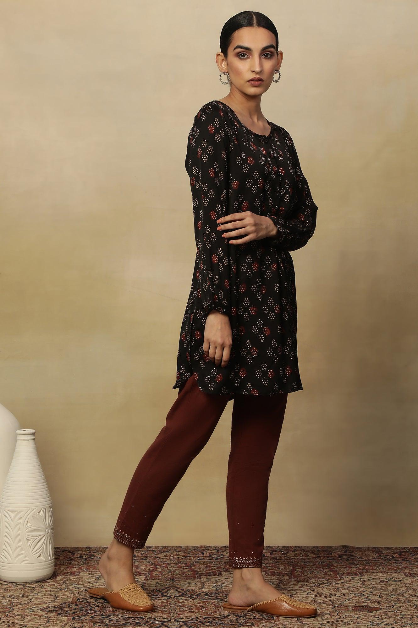 Black Ajrakh Dot Print Round Neck Long Top In Fluid Satin - wforwoman