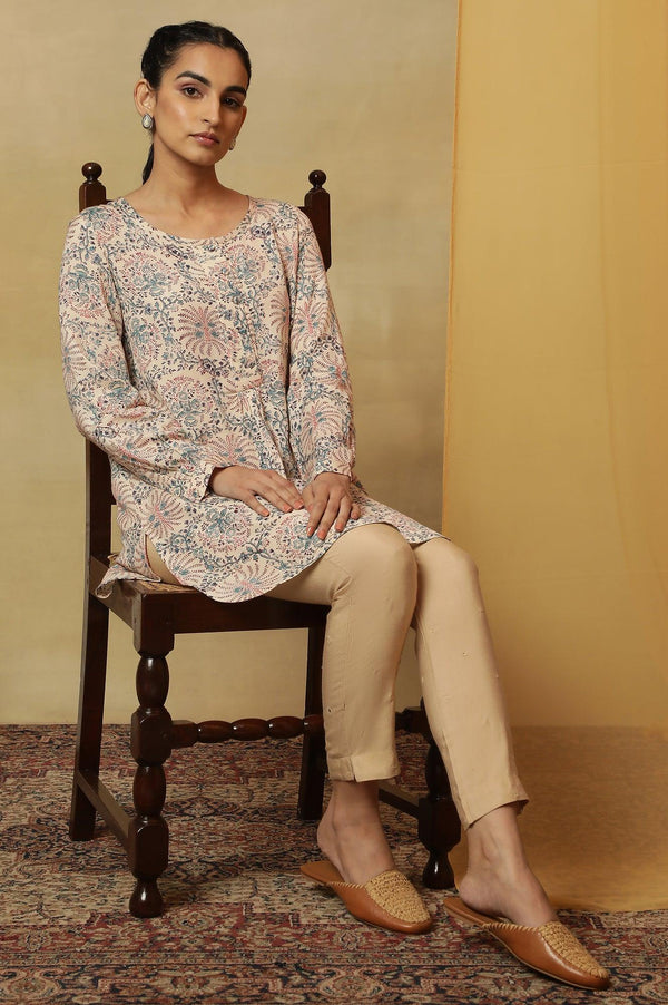 Pale Yellow Block Print Round Neck Top