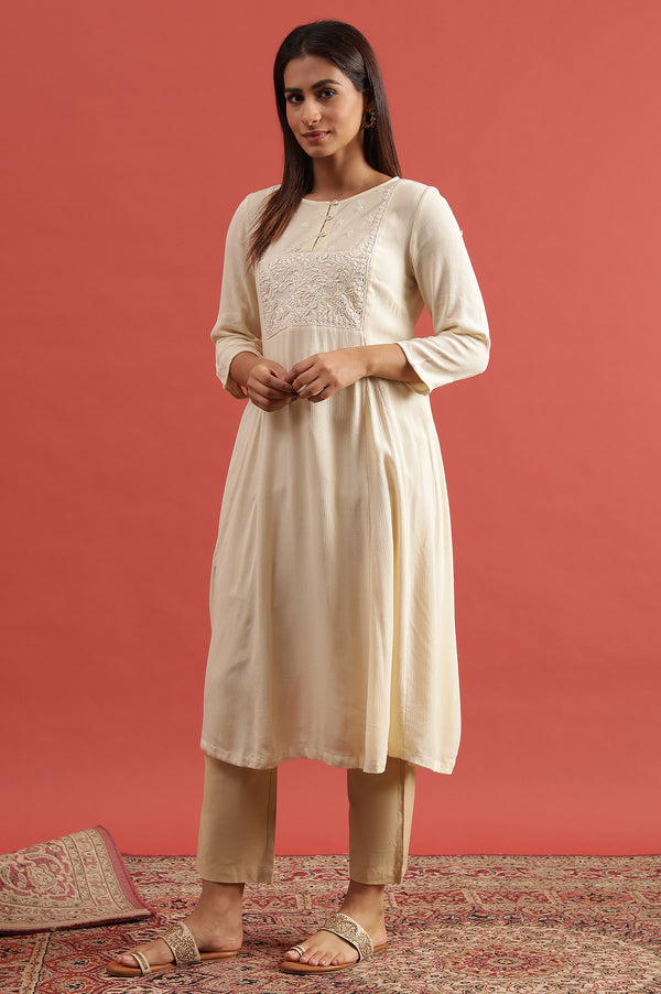 Creme Flared Chikankari Kurta In Rayon Crepe