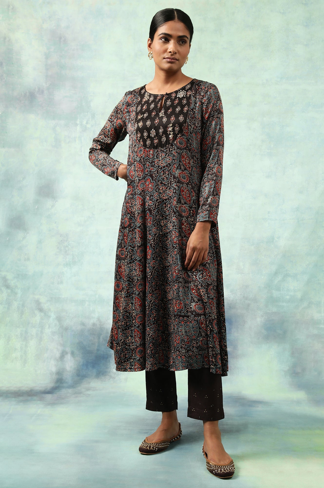 Dark Brown Ajrakh Printed Kalidar Kurta