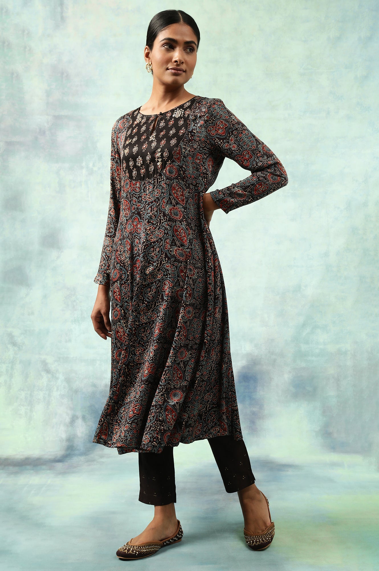 Dark Brown Ajrakh Printed Kalidar Kurta