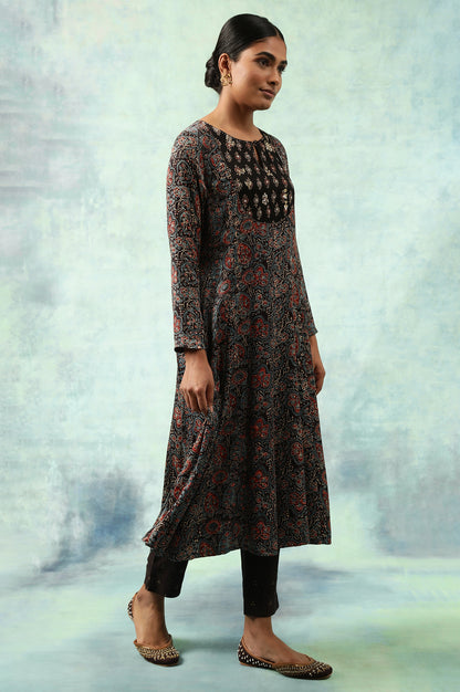 Dark Brown Ajrakh Printed Kalidar Kurta