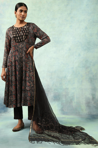 Dark Brown Ajrakh Printed Kalidar Kurta