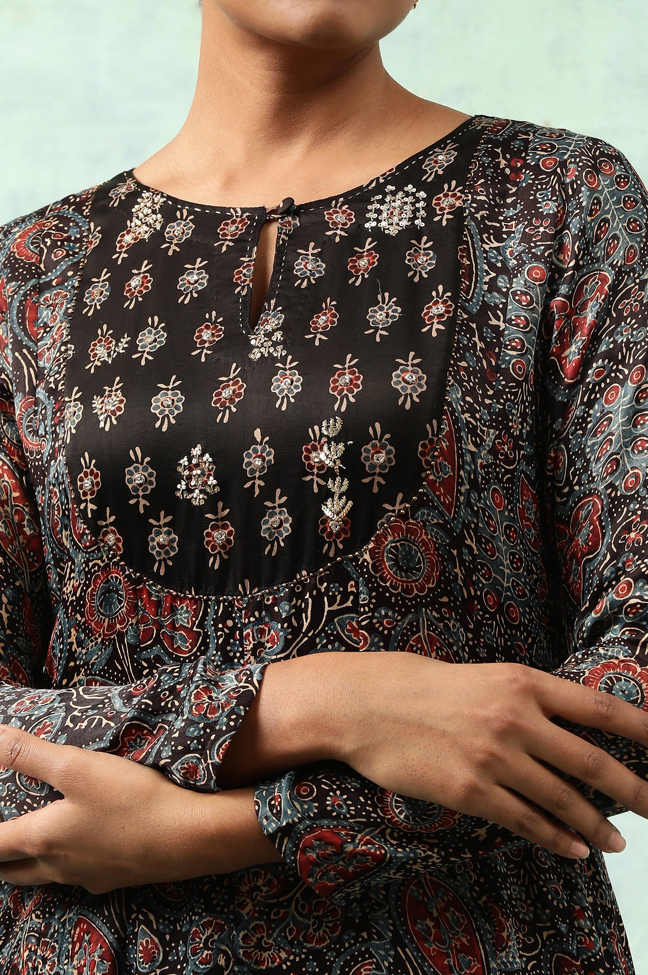 Dark Brown Ajrakh Printed Kalidar Kurta