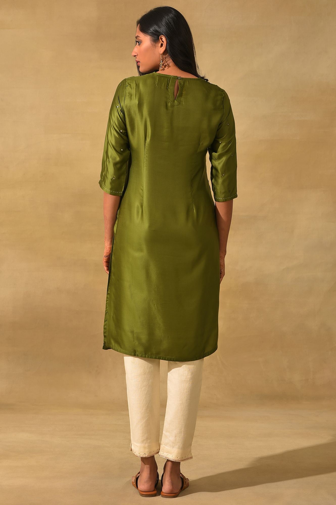 Olive Green Printed Straight kurta In Lustrous Satin