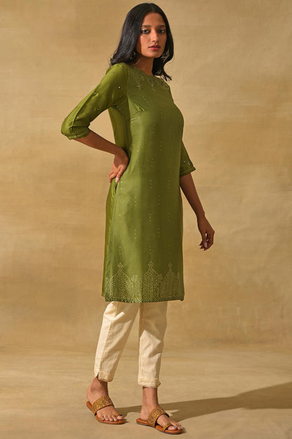 Olive Green Printed Straight kurta In Lustrous Satin