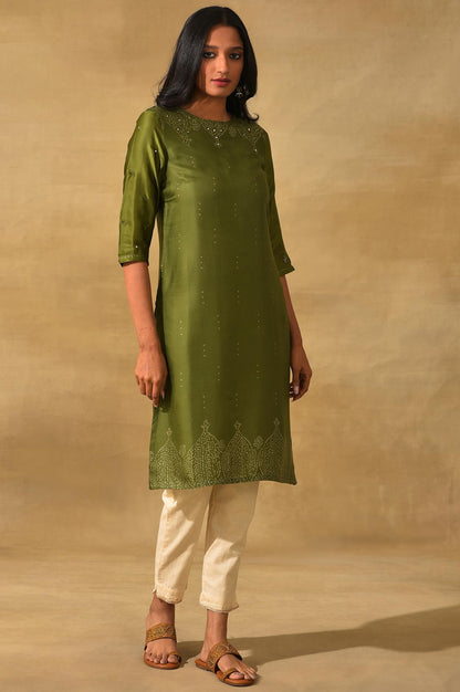 Olive Green Printed Straight kurta In Lustrous Satin