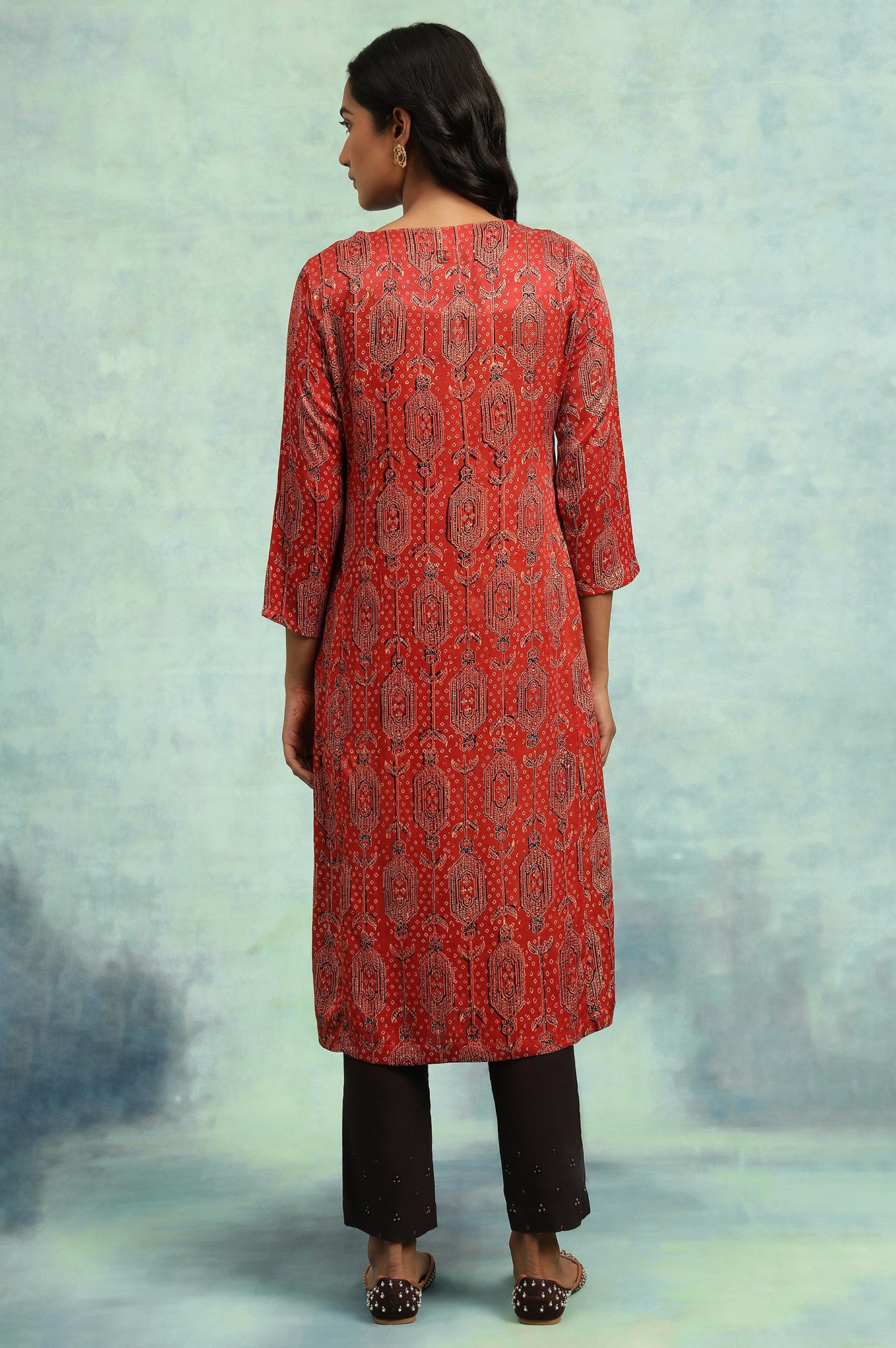 Red Ajrakh Print kurta In Lustrous Satin