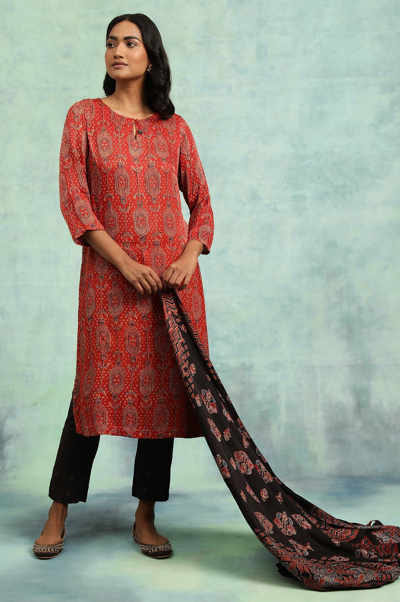 Red Ajrakh Print kurta In Lustrous Satin