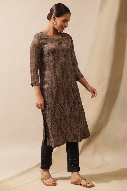 Khakhi Ajrakh Print Kurta In Lustrous Satin