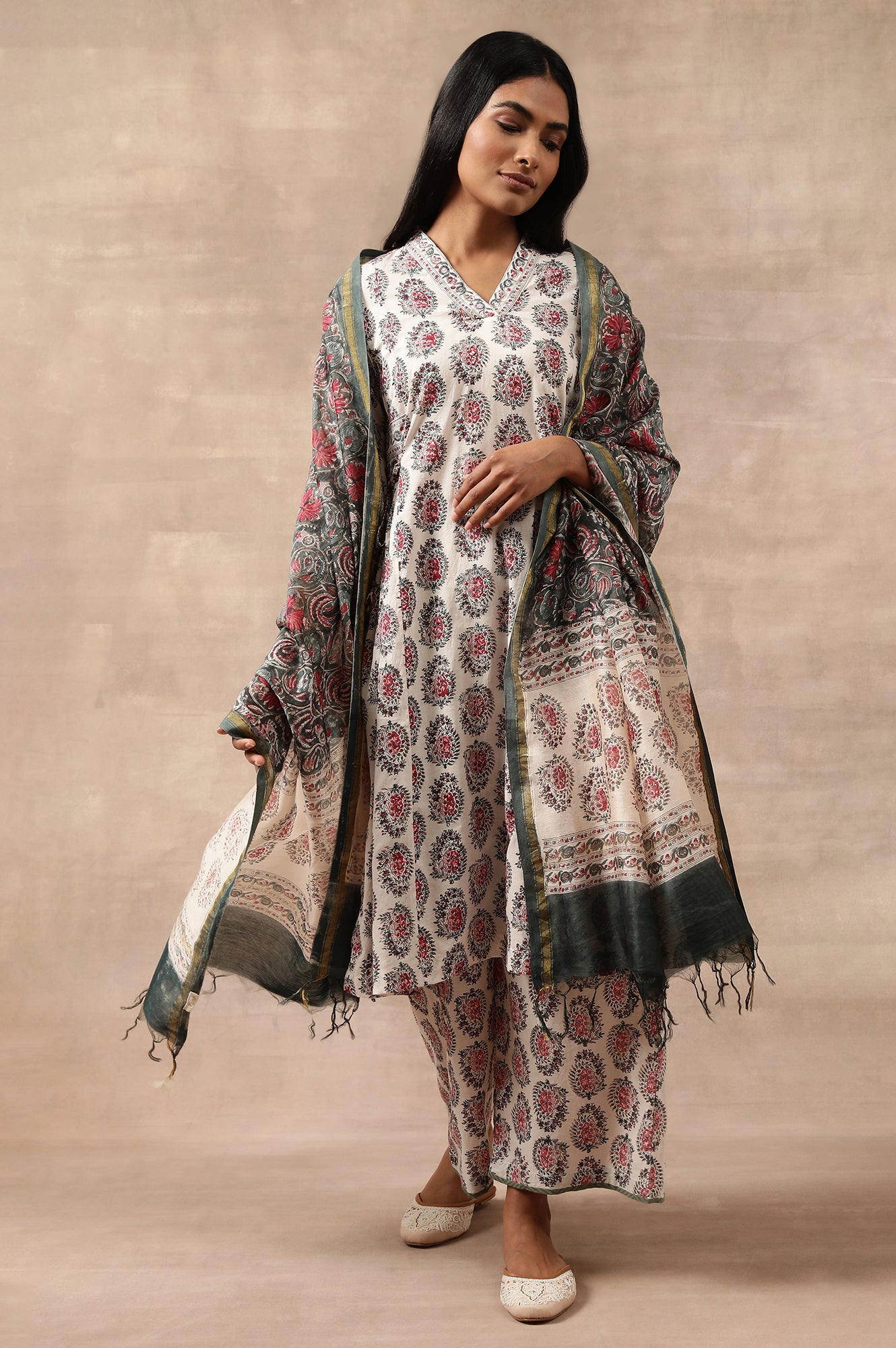 Ecru Hand Block Print A-Line kurta