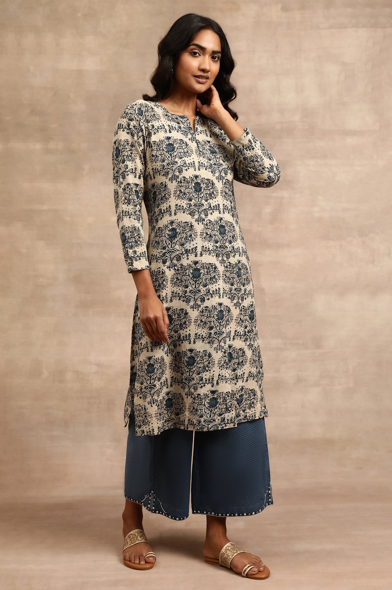 Natural Cotton Flax Hand Block Print kurta