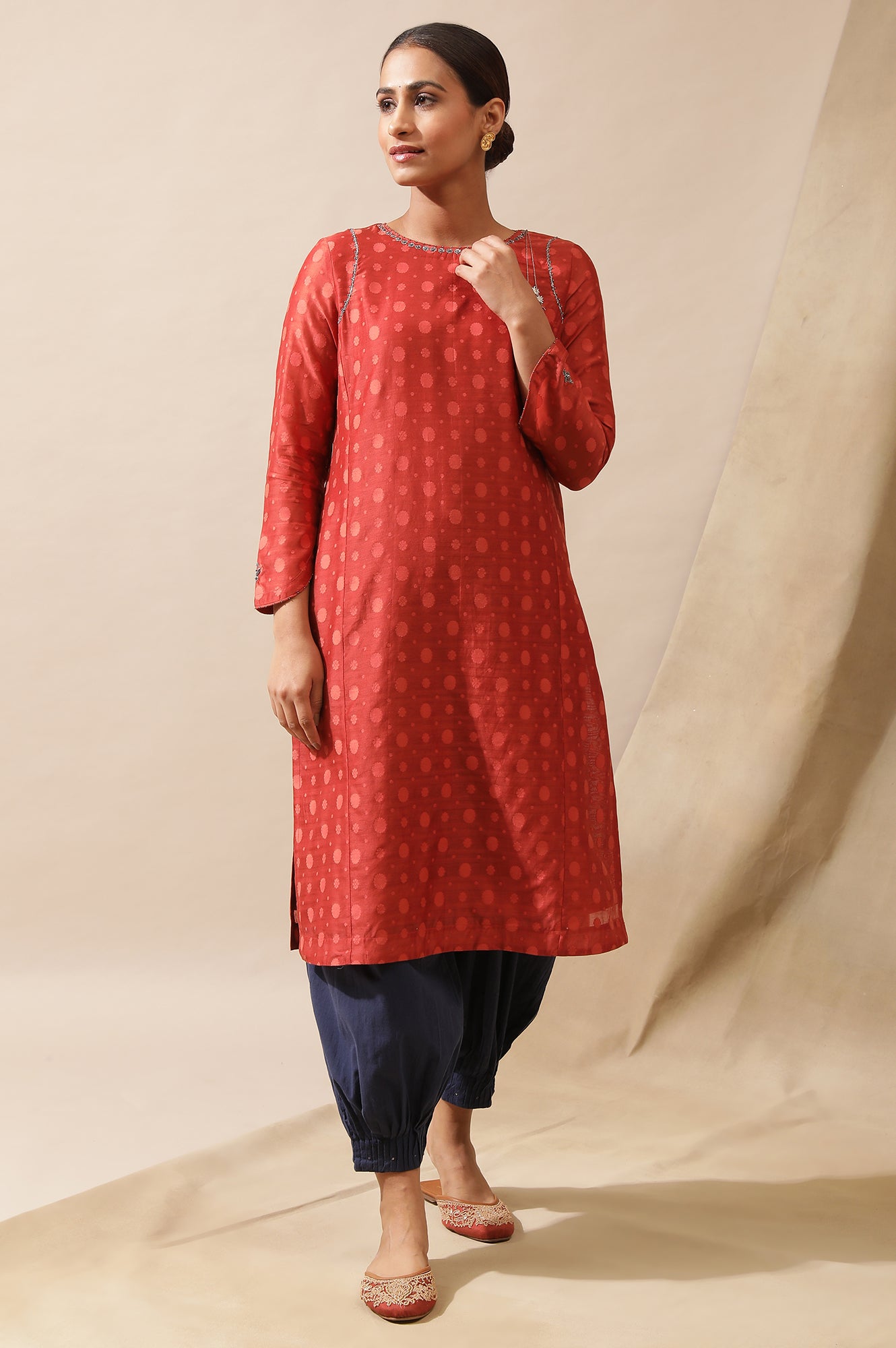 Red Cotton Silk Dobby Kurta With Tassels