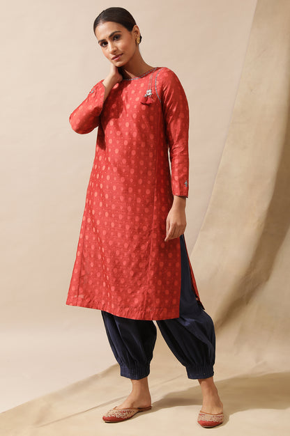 Red Cotton Silk Dobby Kurta With Tassels