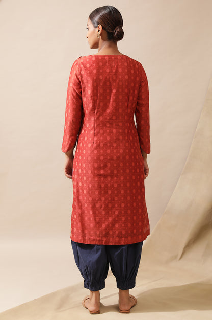 Red Cotton Silk Dobby Kurta With Tassels