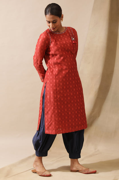 Red Cotton Silk Dobby Kurta With Tassels