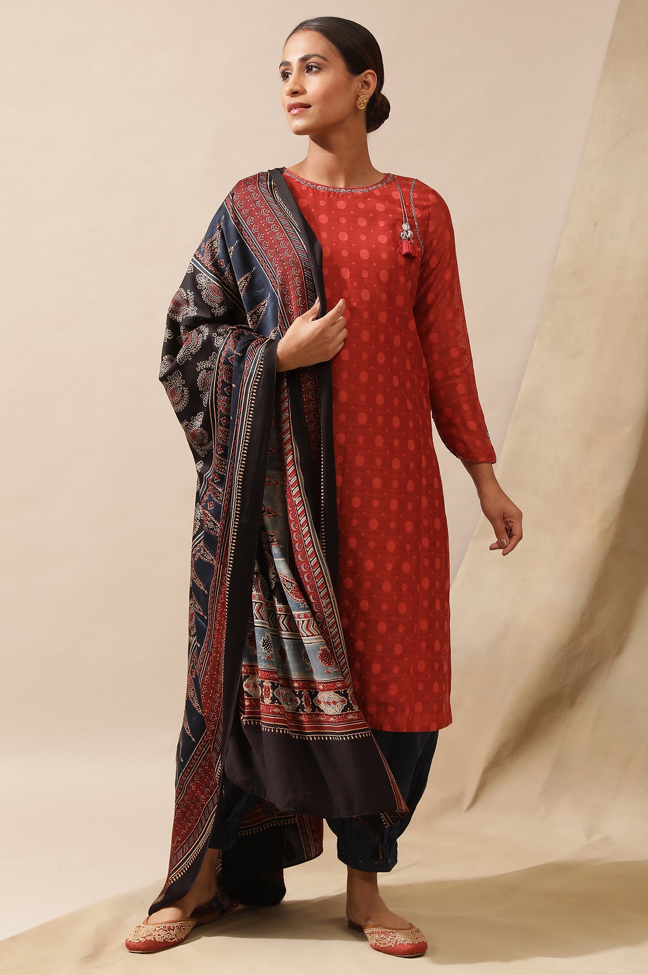 Red Cotton Silk Dobby Kurta With Tassels