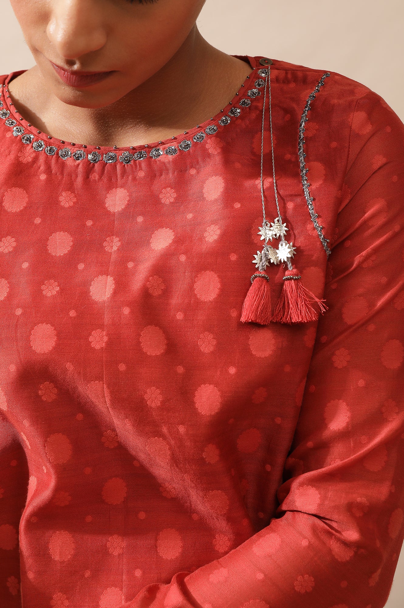 Red Cotton Silk Dobby Kurta With Tassels